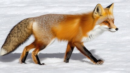Fototapeta premium A red fox trotting through a snowy forest, its vibrant fur contrasting beautifully with the white snow.