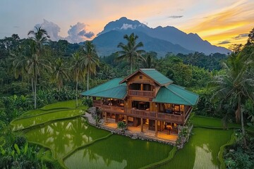 Naklejka premium A stunning wooden house surrounded by lush greenery and rice fields, set against a backdrop of mountains at sunset.