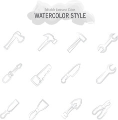  ICON WATERCOLOR STYLE EDITABLE LINE and COLOR vettoriale Tools icon set. Working tools icon. Instrument icon. Vector Illustration. EPS