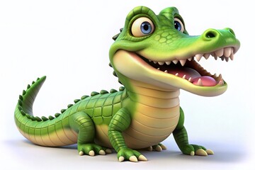 Fototapeta premium Vibrant Crocodile 3D Cartoon Character on White Background for Playful Product Photography, Ideal for Kids' Themes, Educational Materials, and Fun Merchandise Designs