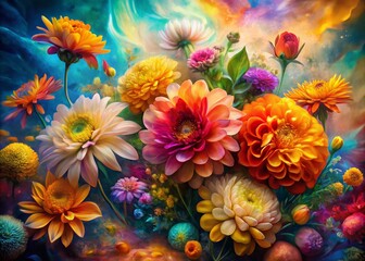 Vibrant Double Exposure Art of Colorful Flower Oil Paintings on Canvas for Digital Art Enthusiasts