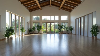 Fototapeta premium Tranquil indoor yoga studio bathed in soft, peaceful lighting for a serene practice environment.