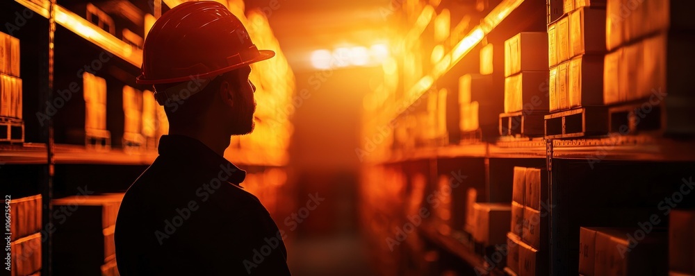 Poster efficient worker organizing labeled boxes on high shelves for enhanced inventory management in logis