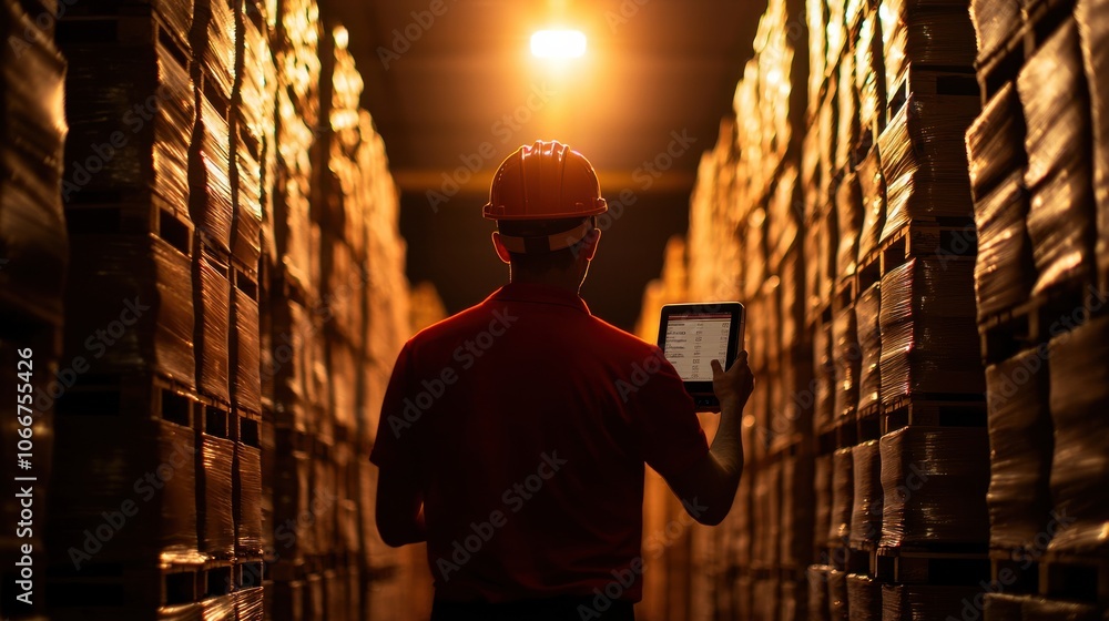 Poster warehouse worker manages inventory efficiently using digital scanner in logistics operations
