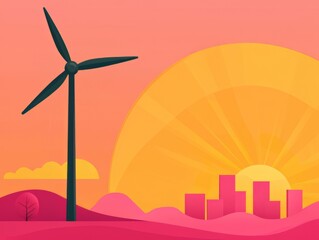 Fototapeta premium Wind turbine at sunset on a colorful landscape with silhouette buildings.