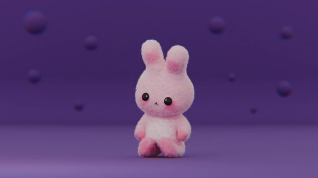Cute little chibi bunny. Little pink rabbit. Copyspace background. 3d render.