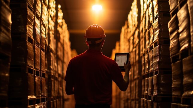Warehouse worker manages inventory efficiently using digital scanner in logistics operations