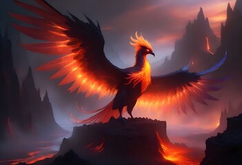 Mythical Phoenix Radiant Bird Soaring Above a Volcano with Magma and Lava Erupting in a Fiery Fantasy Scene