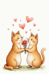Fototapeta premium Watercolor Cats in Love with Bouquet and Hearts. Valentines day romantic cats with flowers