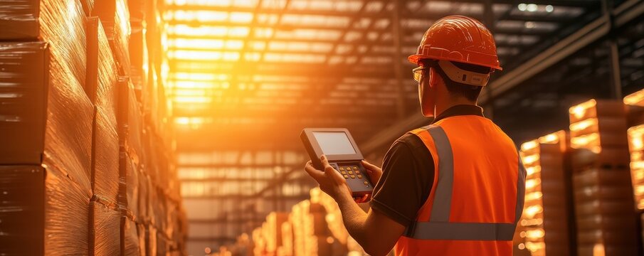 Worker efficiently logs products using a scanner to streamline inventory management in logistics - Powered by Adobe