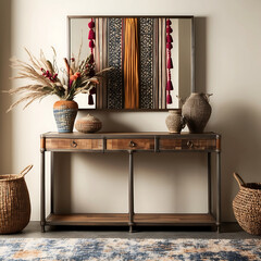 Modern console table with artistic decor elements, creating a balanced and aesthetically pleasing interior. Boho home decor.