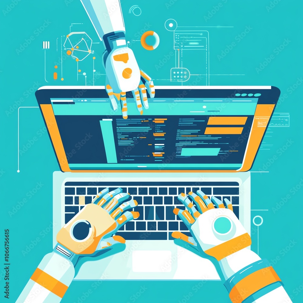 Poster human coder with ai assistant, hands on laptop, innovative tech environment, flat design illustratio
