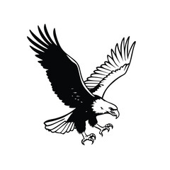 Bald Eagle in Flight Black and White Illustration, Black and white illustration of a bald eagle in mid-flight with wings spread and talons extended, symbolizing strength and freedom.

