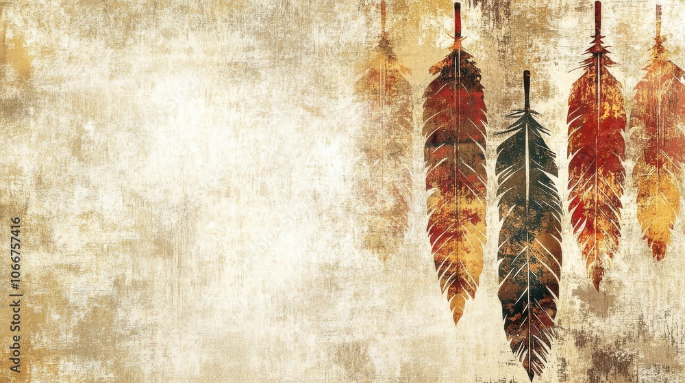 Poster artistic display of colorful feathers on textured background
