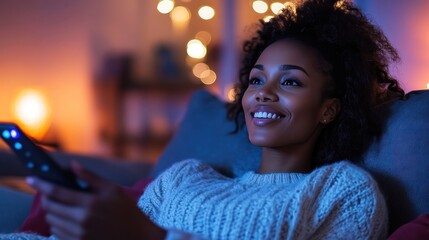 Smiling Woman Watching Television with Remote in Hand