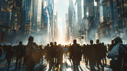 Obraz premium a crowd of people in the city on the street among the background of skyscrapers