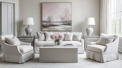 Elegant Living Room with White Upholstery, a Pink Flower Arrangement, and a Framed Landscape Painting