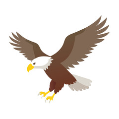 Bald Eagle with Spread Wings Illustration, Illustration of a bald eagle in mid-flight with wings spread and talons extended, symbolizing power, freedom, and American patriotism.