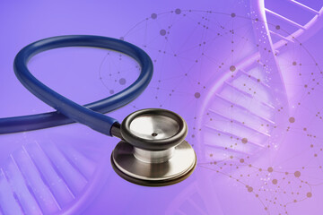 Stethoscope on violet background with scheme and illustration of DNA