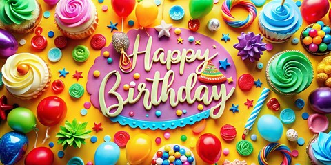 Naklejka premium Vibrant Macro Photography of Happy Birthday Lettering with Colorful Balloons, Cake, and Festive Decor for Celebrations and Greeting Cards