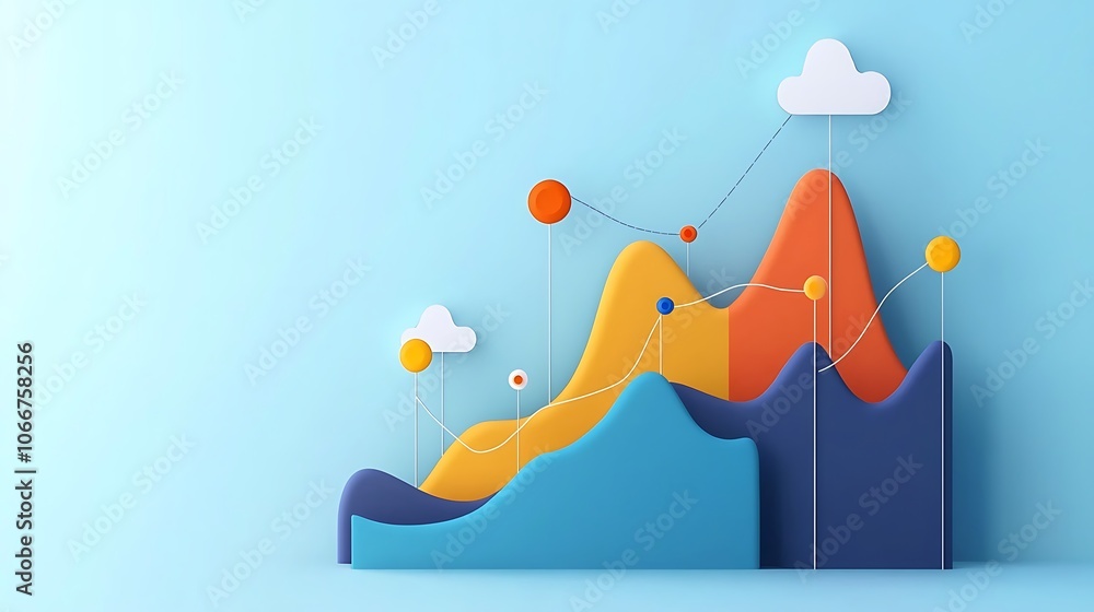 Poster a colorful graph with mountains and clouds in the background