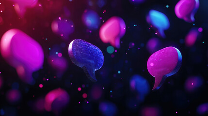 AI analyzing chat transcripts for trends close up, Colorful speech bubbles floating in a vibrant digital environment, symbolizing communication and connection in modern media.