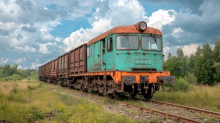 Obraz premium Rustic train engine pulls freight cars through lush green landscape under dramatic sky