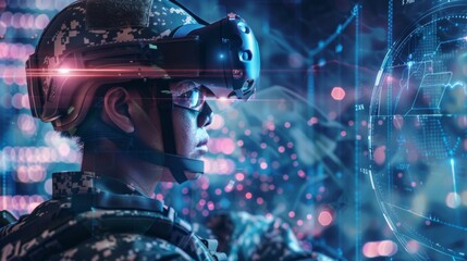 Soldier in vr headset analyzes holographic data, showcasing future military tech integration