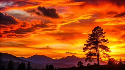Obraz premium Vibrant Orange Sunset with Silhouetted Trees and Mountains - Nature's Beauty Captured in a Serene Landscape Scene