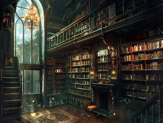 A Grand Library Interior with Bookshelves and a Fireplace - Historical Architecture and Interior Design
