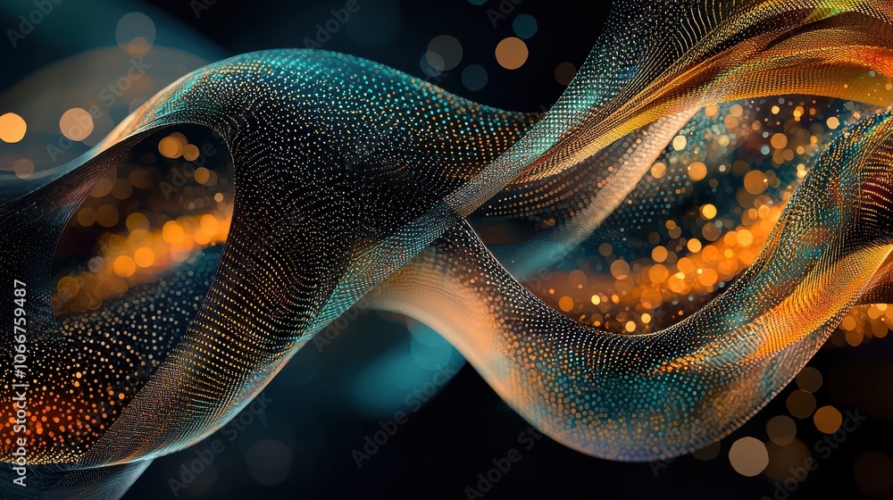 Poster abstract flow of illuminated particles and bokeh lights in blue and orange tones, ai generation
