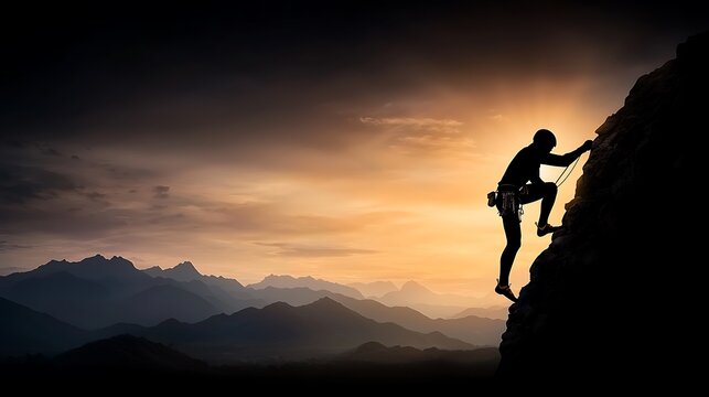 A silhouette of a person climbing a steep mountain, representing the struggle to overcome obstacles, with a breathtaking landscape of valleys and peaks in the background. Ultra-Realistic, Photo 