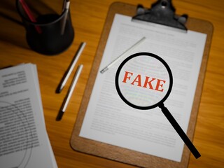 3D rendered "FAKE" in bold red text under a magnifying glass on a clipboard paper, 3D rendered on a table.