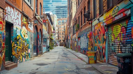 Fototapeta premium A narrow city alleyway with colorful graffiti on the walls.