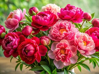Obraz premium Vibrant Red and Pink Peonies Amidst Lush Green Leaves - Stunning Floral Arrangement for Food Photography and Culinary Presentations
