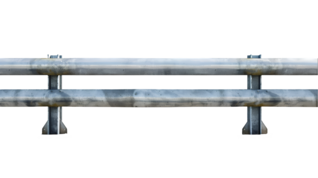 A metal guard rail post with crash barrier panel isolated on white background