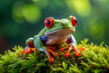 Naklejka premium Vibrant Red-Eyed Tree Frog on Lush Green Moss in Macro Photography – Nature's Colorful Amphibian Close-Up