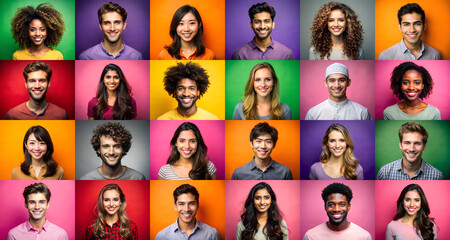 Set Many smiling people of different races young man and woman. Collage of portraits.