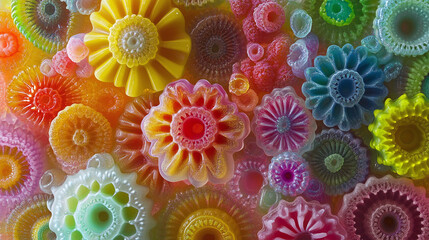 Assorted gummy candies in vivid colors with fractal rainbow designs, each candy's surface displaying intricate, psychedelic patterns that blend beautifully.