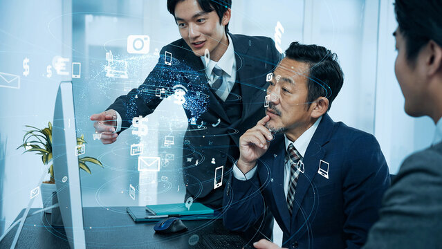 ビジネス, ネットワーク, 会議, ミーティング, 人物, dx, iot, ict, erp, アプリ, ソフトウェア, エンジニア, 情報, データ, 通信, pc, パソコン, クラウド, コンピュータ, 相談, チームワーク, 同僚, 経営, マネジメント, ai, 会話, コミュニケーション, ネット, オンライン, ウェブ, 開発, システム, バーチャル, オフィス, スマート, 企