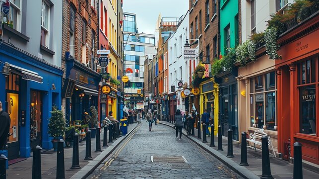 A narrow street in Dublin, Ireland, lined with colorful buildings and shops.