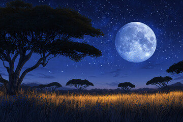 african savanna background, night view with beautiful moon