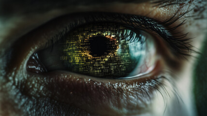 Close up of eye with glowing iris. Concept of face id and artificial intelligence.