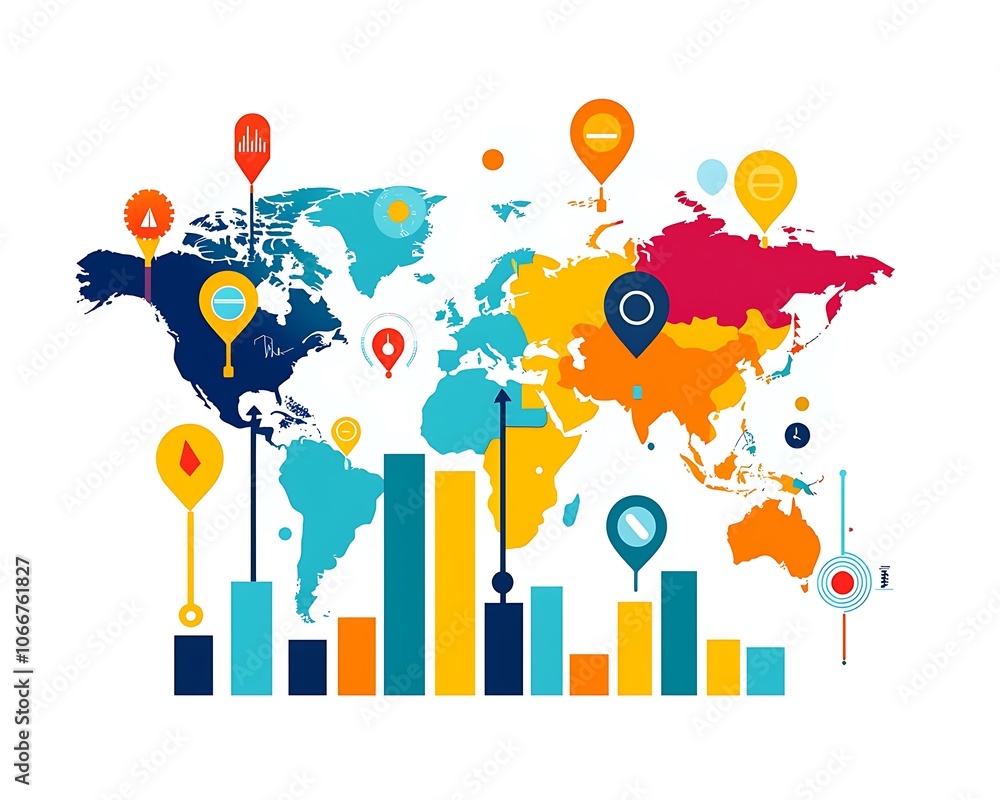 Aufkleber a colorful world map with many different colored pins and lines