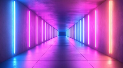 A long, narrow corridor lined with vibrant blue and pink neon lights. The lights cast a colorful glow on the smooth concrete floor, creating a futuristic and atmospheric setting.