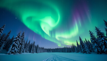 Naklejka premium Vibrant aurora borealis illuminating snowy landscape with silhouetted pine trees at night