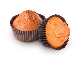 Tasty muffins in cupcake liners isolated on white