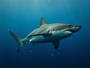 Fototapeta premium Submerged in the deep blue, a great white shark surveys its surroundings.