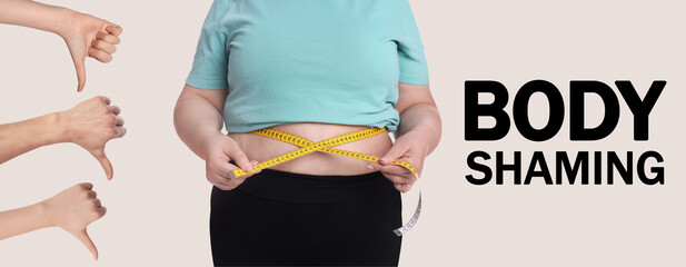 Overweight woman measuring her waist with tape and people showing thumbs-down on white background,...
