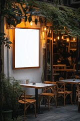 A restaurant with a white sign on the wall and a few tables with chairs. Scene is casual and inviting